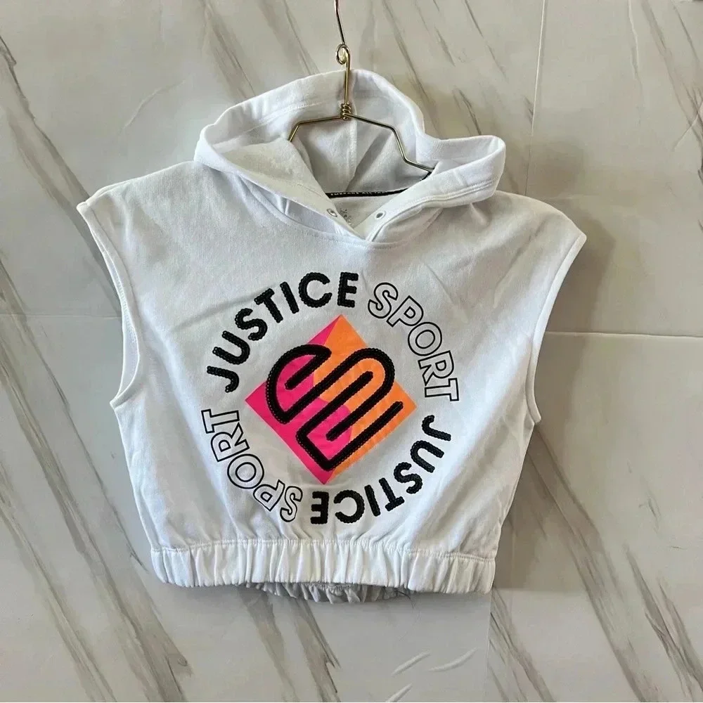 Justice Girls J-Sport Cut Off Hoodie Size Small (7/8) White Black Sequins